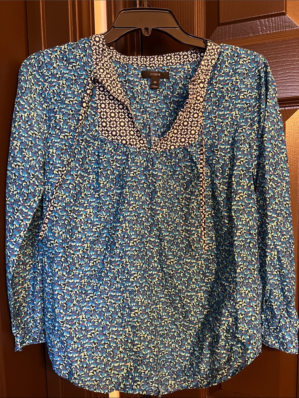 J. Crew Blue Patterned V-Neck Peasant Blouse